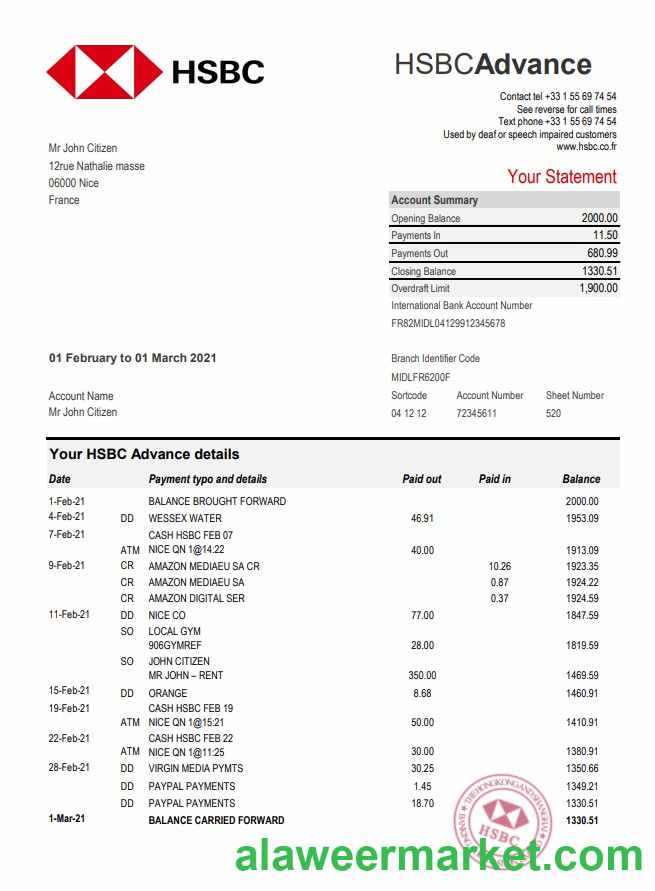 France HSBC bank statement template in Excel and PDF format